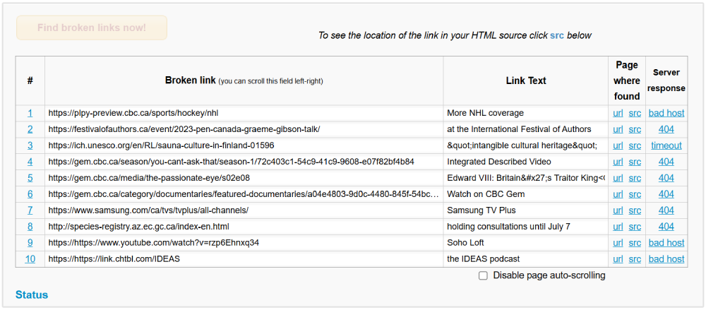 Resumo do verificador de links quebrados
